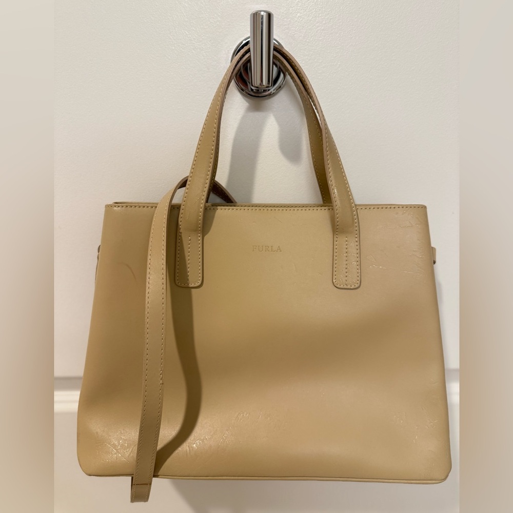 Vintage Furla Leather Tote‎ Bag - Made in Italy - Beige - Genuine Leather